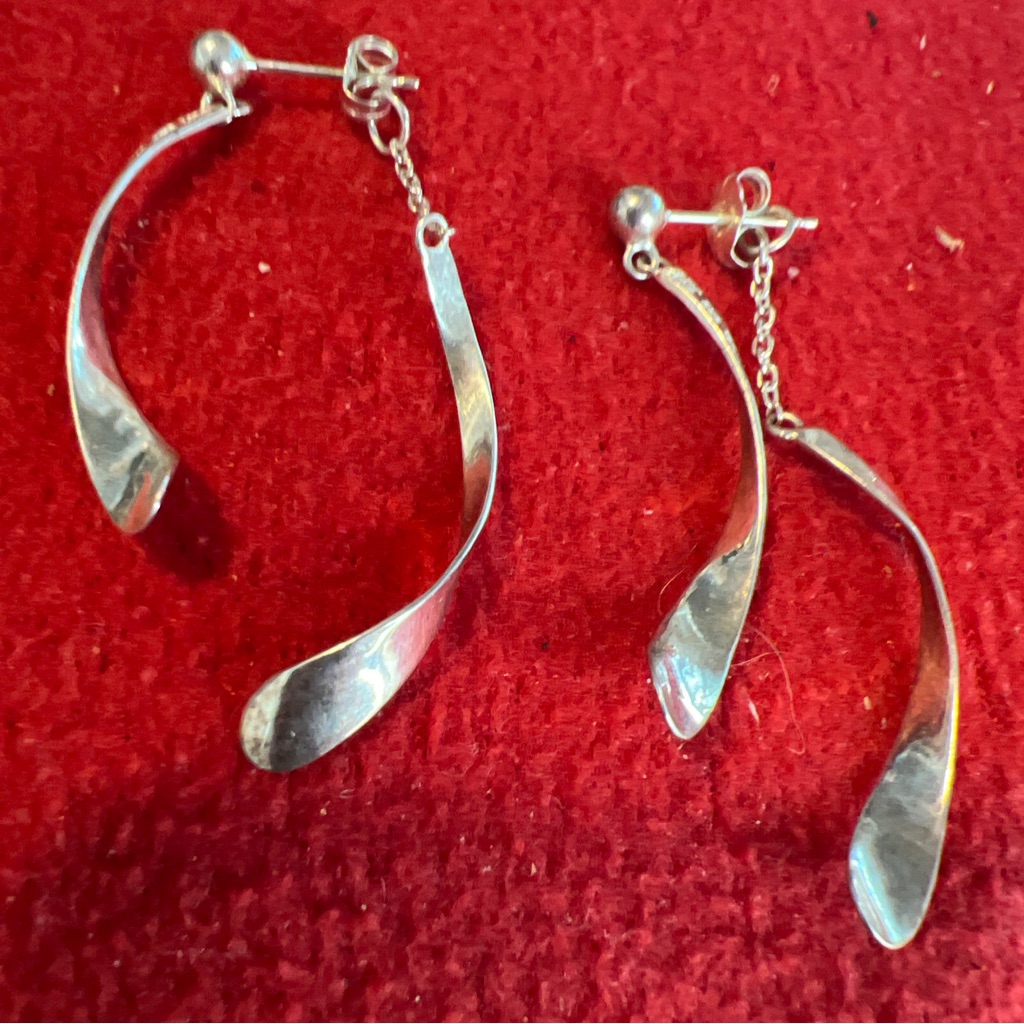 Vintage, Sterling Silver Jcm, Ribbon Twist Dangle Two Part Drop Earrings 925